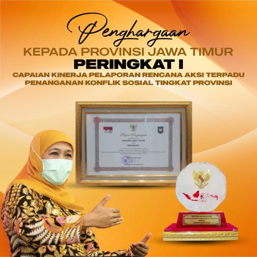 Jatim Raih Penghargaan Provinsi Terbaik Timdu Penanganan Konflik Sosial tahun 2020