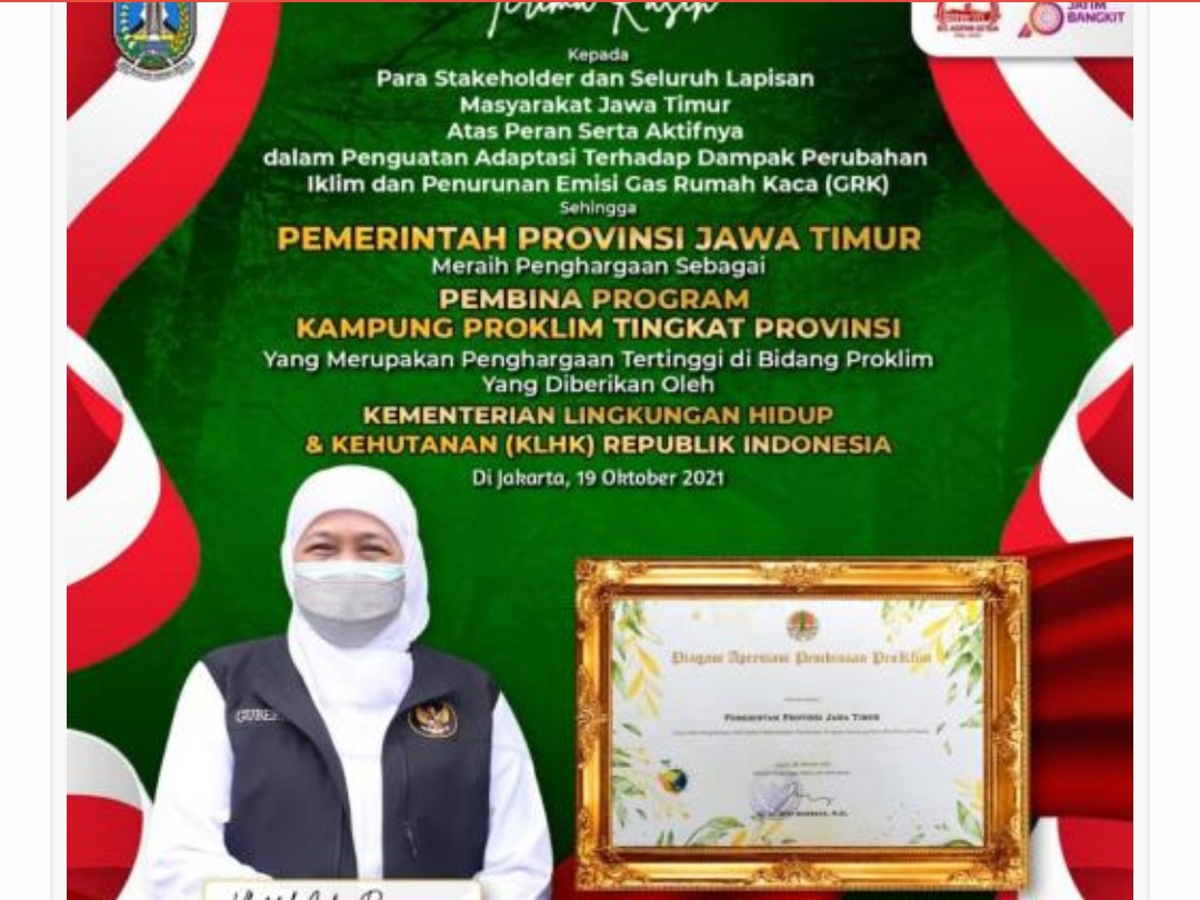 Pemprov Jawa Timur Raih Penghargaan Proklim 2021 dari KLHK