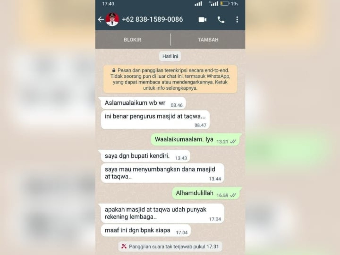 Catut Nama Bupati Kediri, Penipu Tawarkan Bantuan untuk Masjid