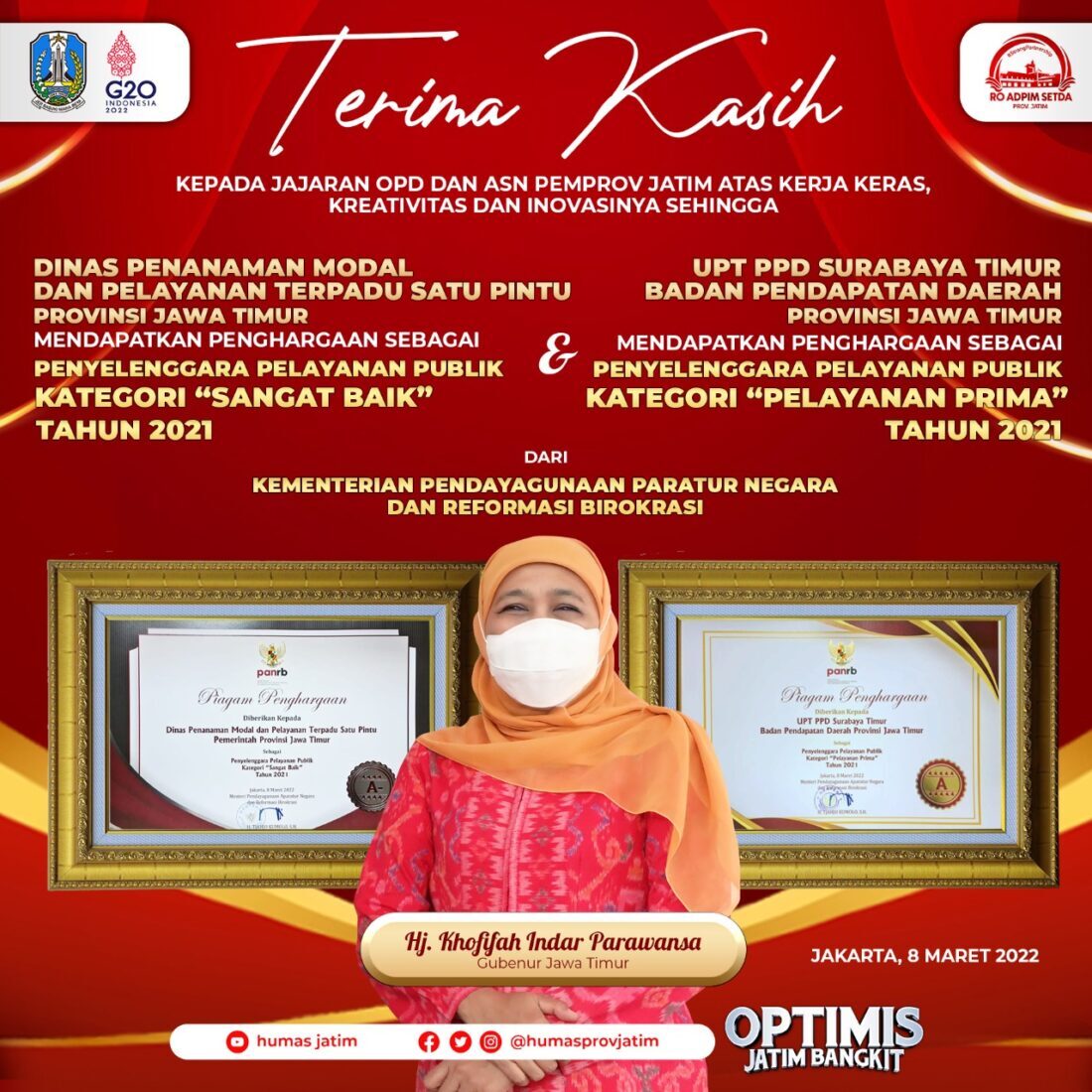 Pemprov Jatim Raih Dua Penghargaan Pelayanan Publik Terbaik 2021