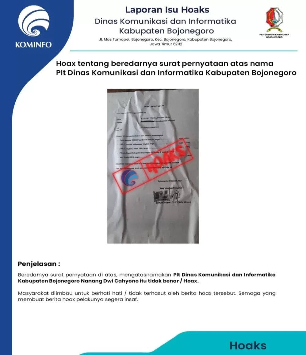 Hoax Pencatutan Nama Pejabat Dinas Kominfo Bojonegoro untuk Memenangkan Calon di Pemilu