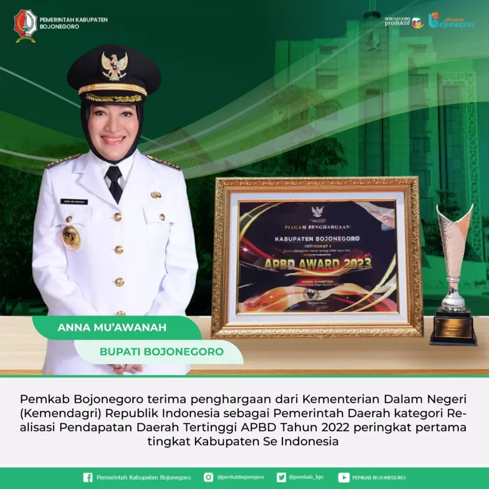 Realisasi PAD 2022 Tertinggi Se Indonesia, Pemkab Bojonegoro Raih Penghargaan