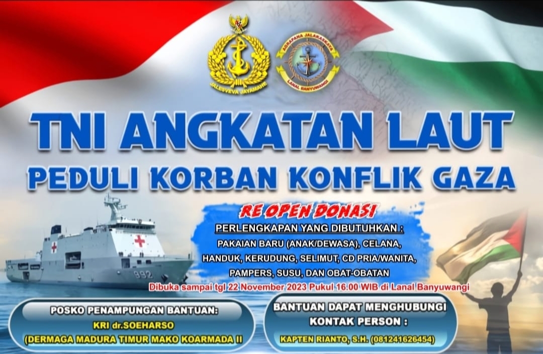Peduli Korban di Gaza, Mako Lanal Banyuwangi Buka Posko Bantuan sampai 22 November 2023