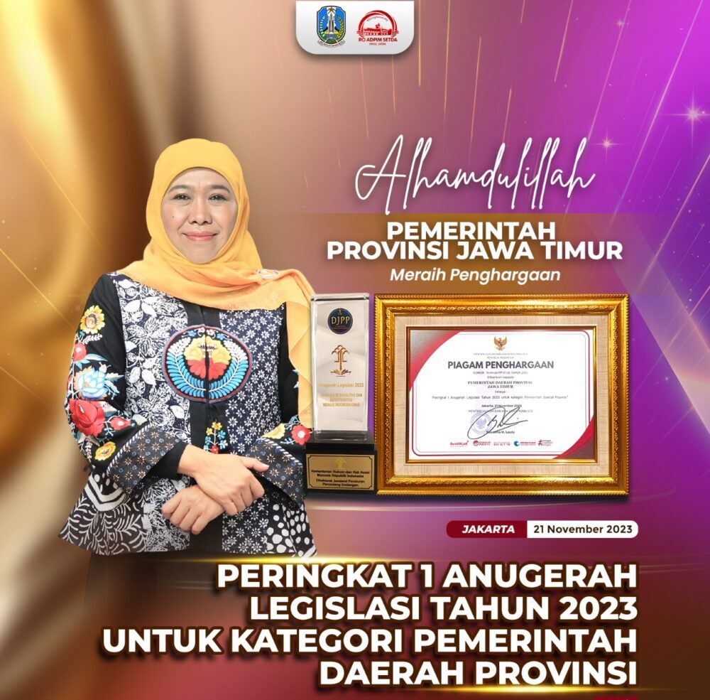 Pemprov Jatim Raih  Anugerah Legislasi 2023 Kemenkumham RI