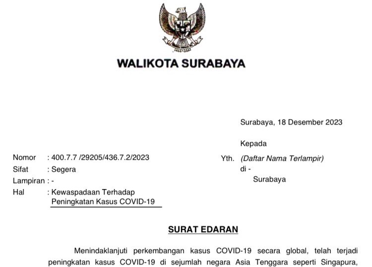 Wali Kota Surabaya Ingatkan Warganya Waspada Peningkatan Kasus Covid-19