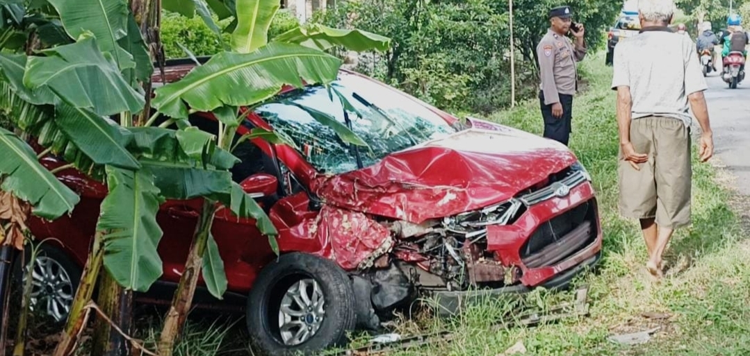 Diduga Mengantuk, Mobil Masuk Parit Usai Tabrak Pohon di Ngawi