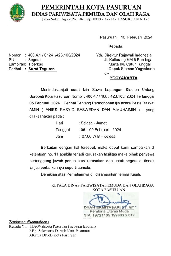 Disparpora Kota Pasuruan Layangkan Surat Teguran kepada Penyewa Rajawali Indonesia