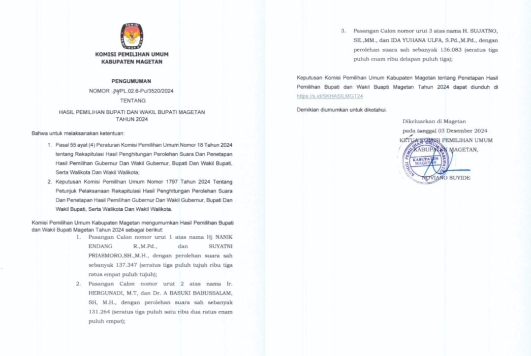 KPU Umumkan Hasil Pemilihan Bupati/Wakil Bupati Magetan Tahun 2024