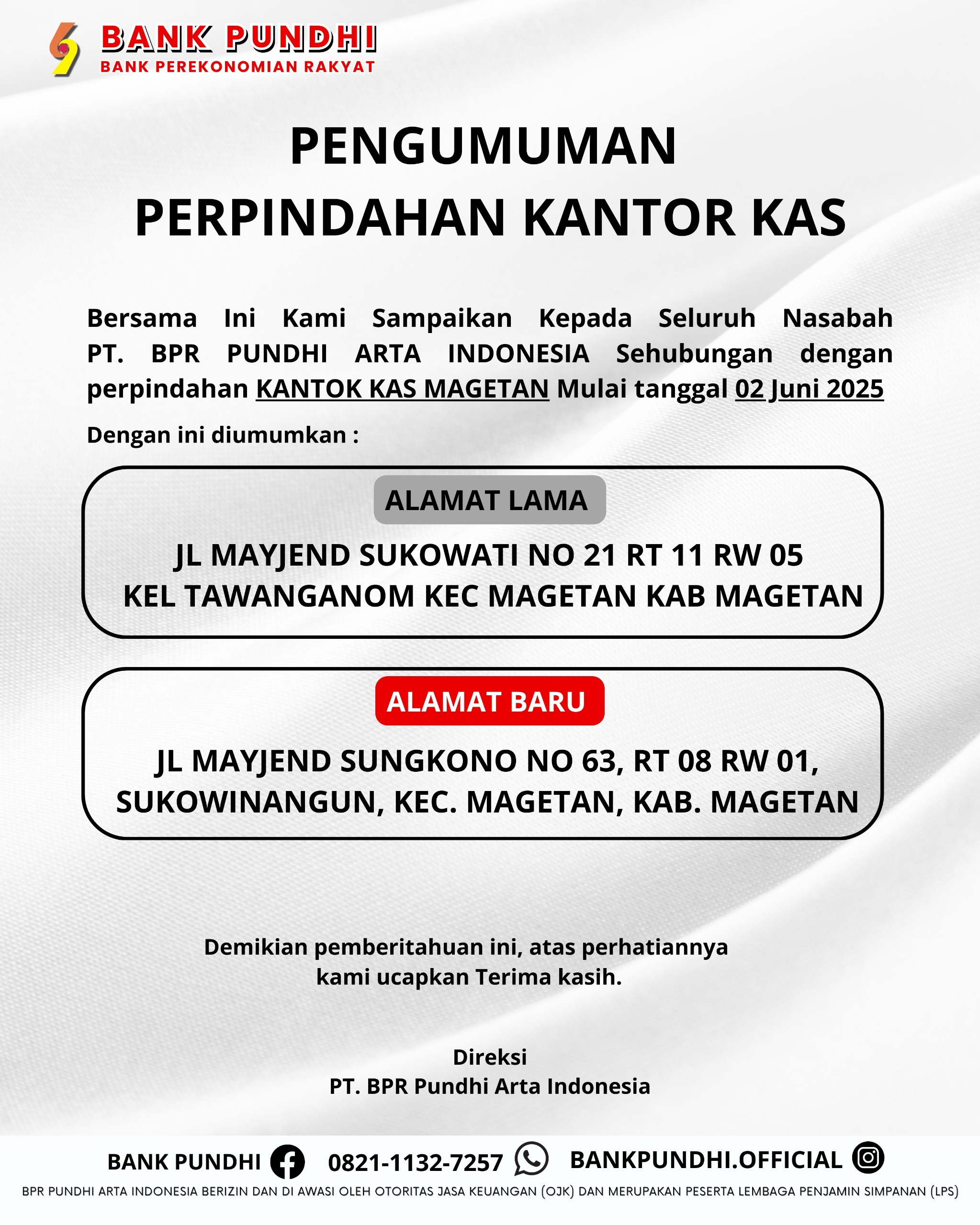 Mulai 2 Juni 2025 Bank Pundhi Cabang Magetan Akan Menempati Kantor Baru
