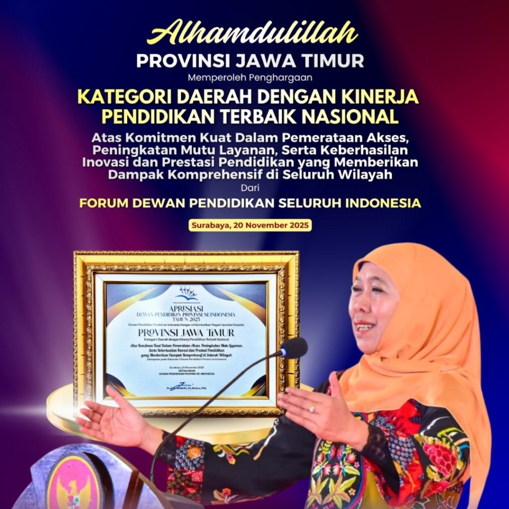 Pemprov Jatim Raih Penghargaan Kategori Daerah dengan Kinerja Pendidikan Terbaik Nasional, Ini Kata Gubernur Khofifah