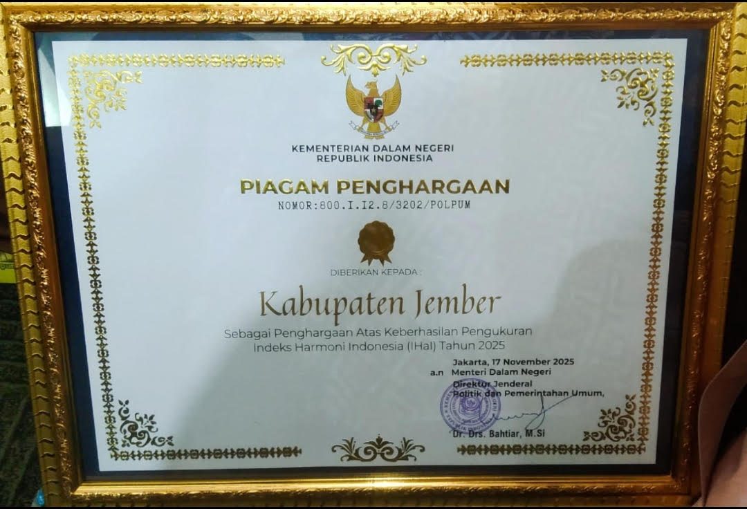 Kesbangpol Jember Raih Penghargaan IHaI 2025 Dari Kemendagri   