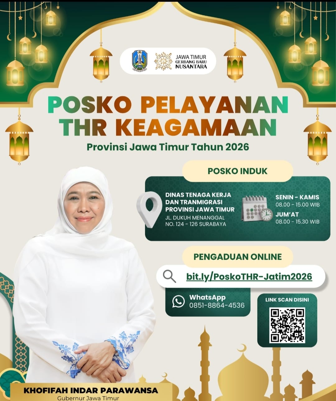 Gubernur Khofifah Imbau THR Wajib Dibayar Maksimal H-7 Lebaran 1447 Hijriyah, Pemprov Jatim Buka 54 Posko Layanan untuk Kawal Hak Pekerja