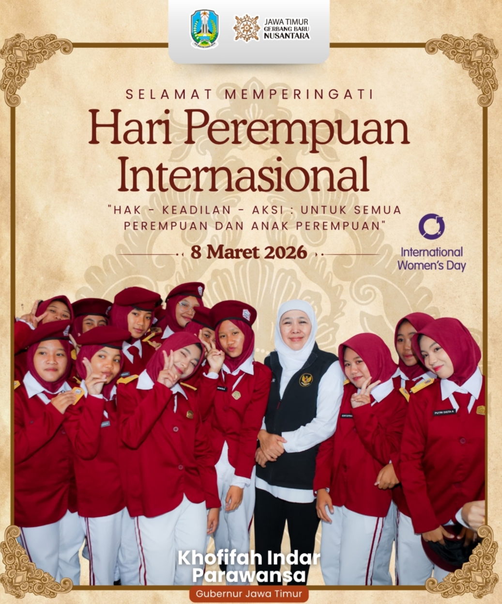 Hari Perempuan Internasional 2026, Khofifah Soroti Perlindungan dan Pemberdayaan Perempuan