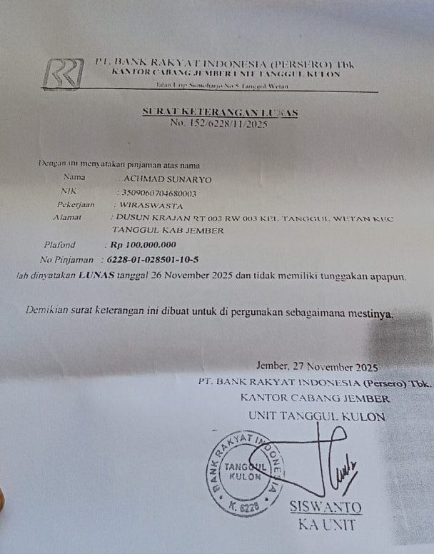 Lima Bulan Lunas Akte Tanah Tak Kembali, Warga Tanggul Wetan Adukan BRI ke Bupati Jember dan OJK